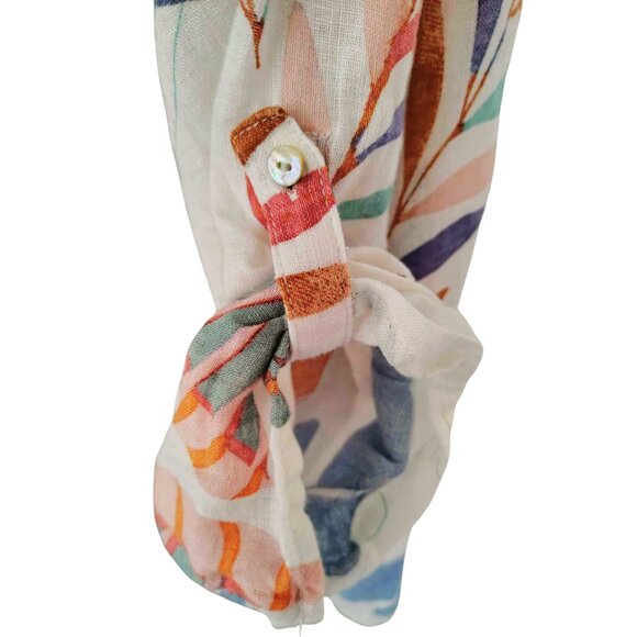 Flowy Lightweight Linen White Tropical Print Tunic Top Blouse | Cynthia Rowley - Picture 9 of 11